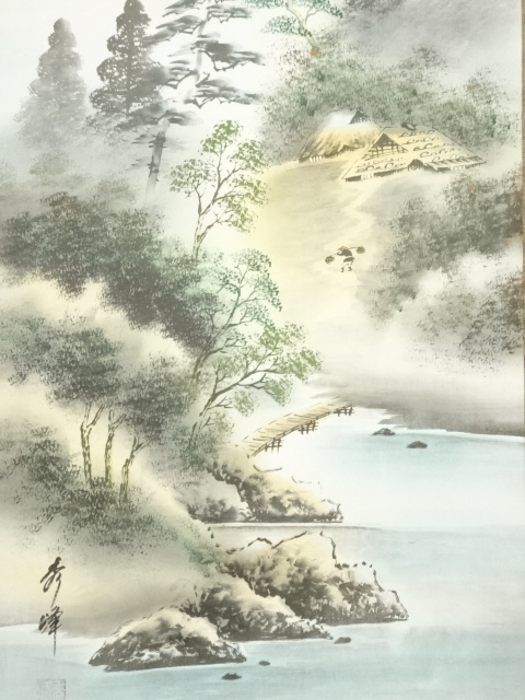 肉筆 彩色山水 掛軸 彩色山水／小坂静思 美術名典掲載作家 肉筆 掛け軸 全国